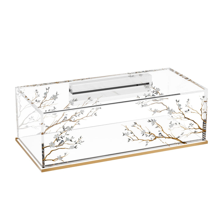 Botanical Blooms cake log holder, clear rectangular box with gold branch artwork, lid handle and gold base