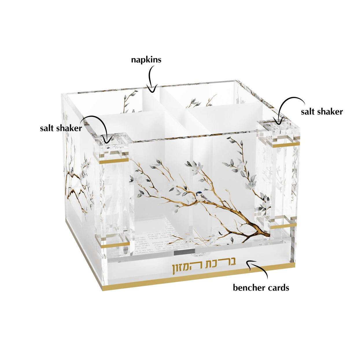 Labeled diagram showing the napkin section, two salt shakers and the bencher card drawer