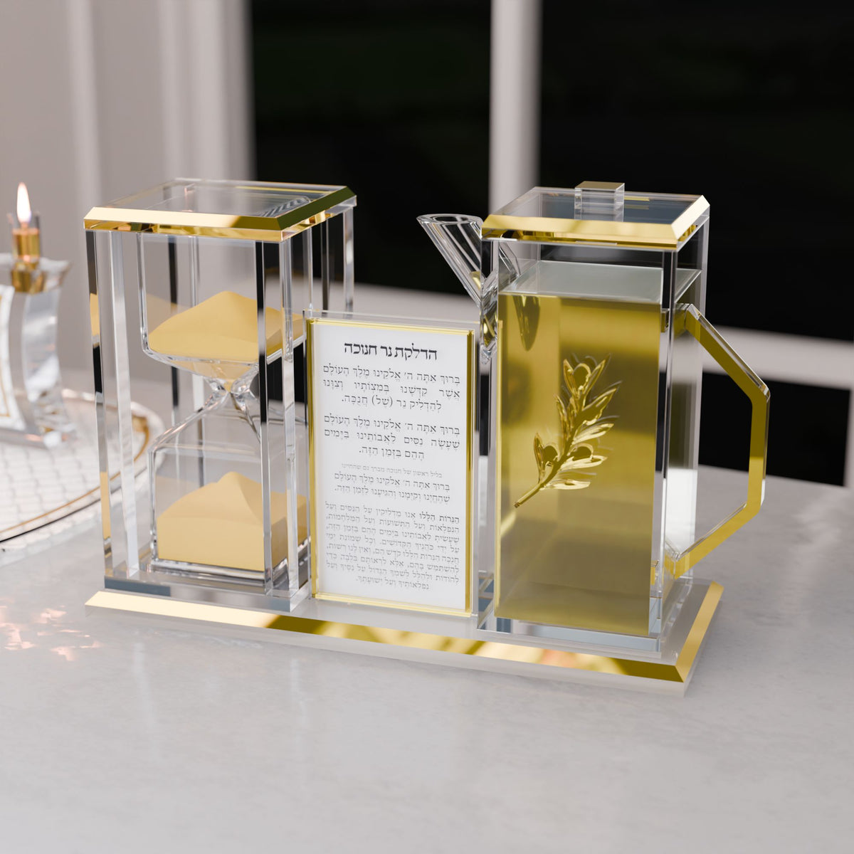 Gold hourglass and oil jug set on a counter by the window with a menorah behind