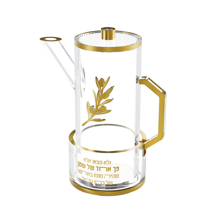 Gold version of the tall oil jug with gold olive branch, handle and lettered tray