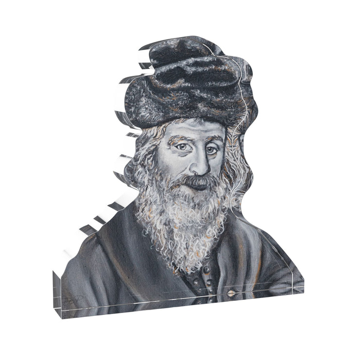 Lucite block portrait of the Chasam Sofer in a fur hat, cut to shape and shown at an angle