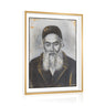Framed portrait of the Chofetz Chaim in charcoal tones with gold accents, gold and white frame