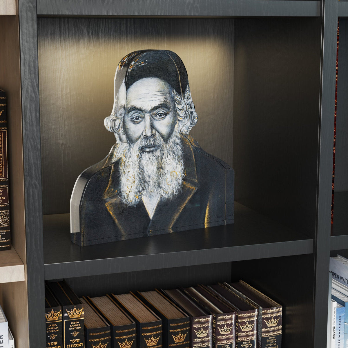 Chofetz Chaim block displayed on a lit dark bookshelf above a row of sefarim
