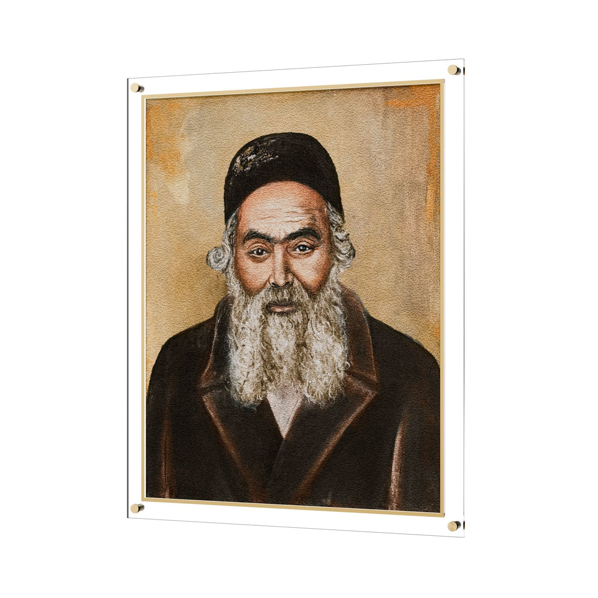 Colored Chofetz Chaim portrait on leather in warm ochre tones, mounted in lucite on standoffs