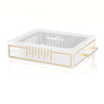 Classic 9x13 pan holder in white with gold line detailing and clear handles, disposable pan inside