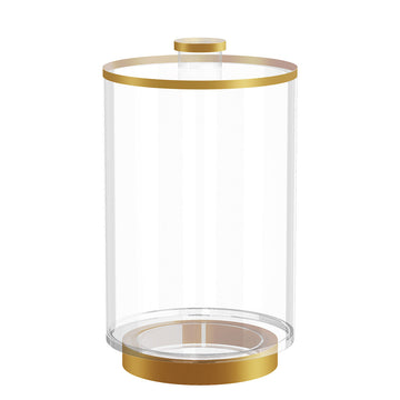 Classic canister, tall clear acrylic cylinder with gold lid rim, gold knob and gold base ring