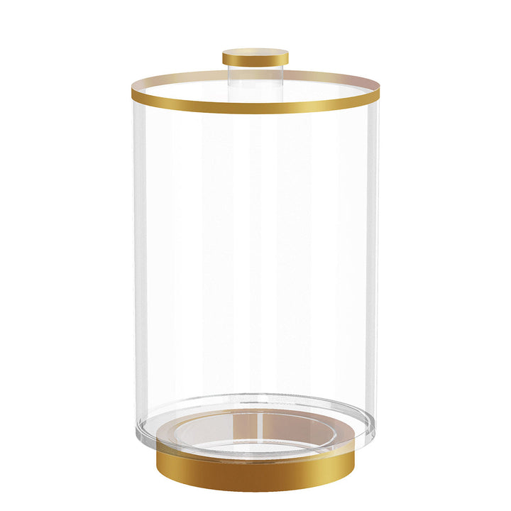 Classic canister, tall clear acrylic cylinder with gold lid rim, gold knob and gold base ring