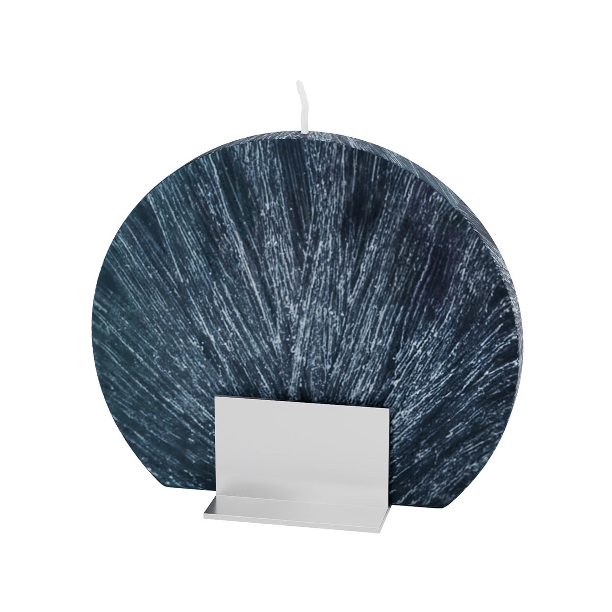 Navy fan-shaped Havdalah candle with white streaks, standing in a metal holder