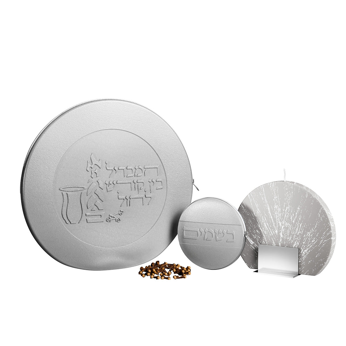 Grey Havdalah set with the pouch, besamim pouch, candle and cloves