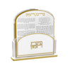 Gold-trimmed large print bencher holder with cards showing the Birchas Hamazon text