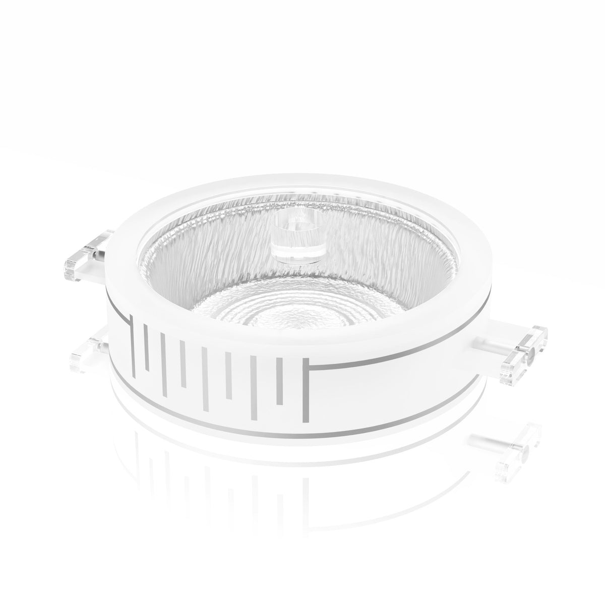 Silver version of the round pan holder with silver stripe detailing and clear lucite handles