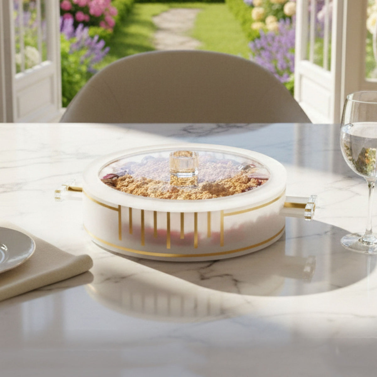 Pan holder with clear lid on a marble table, holding a baked dish beside a glass of water