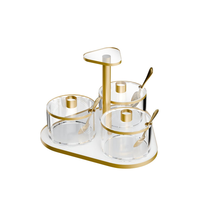 Gold version of the three-dish swivel server with gold-trimmed lids and base