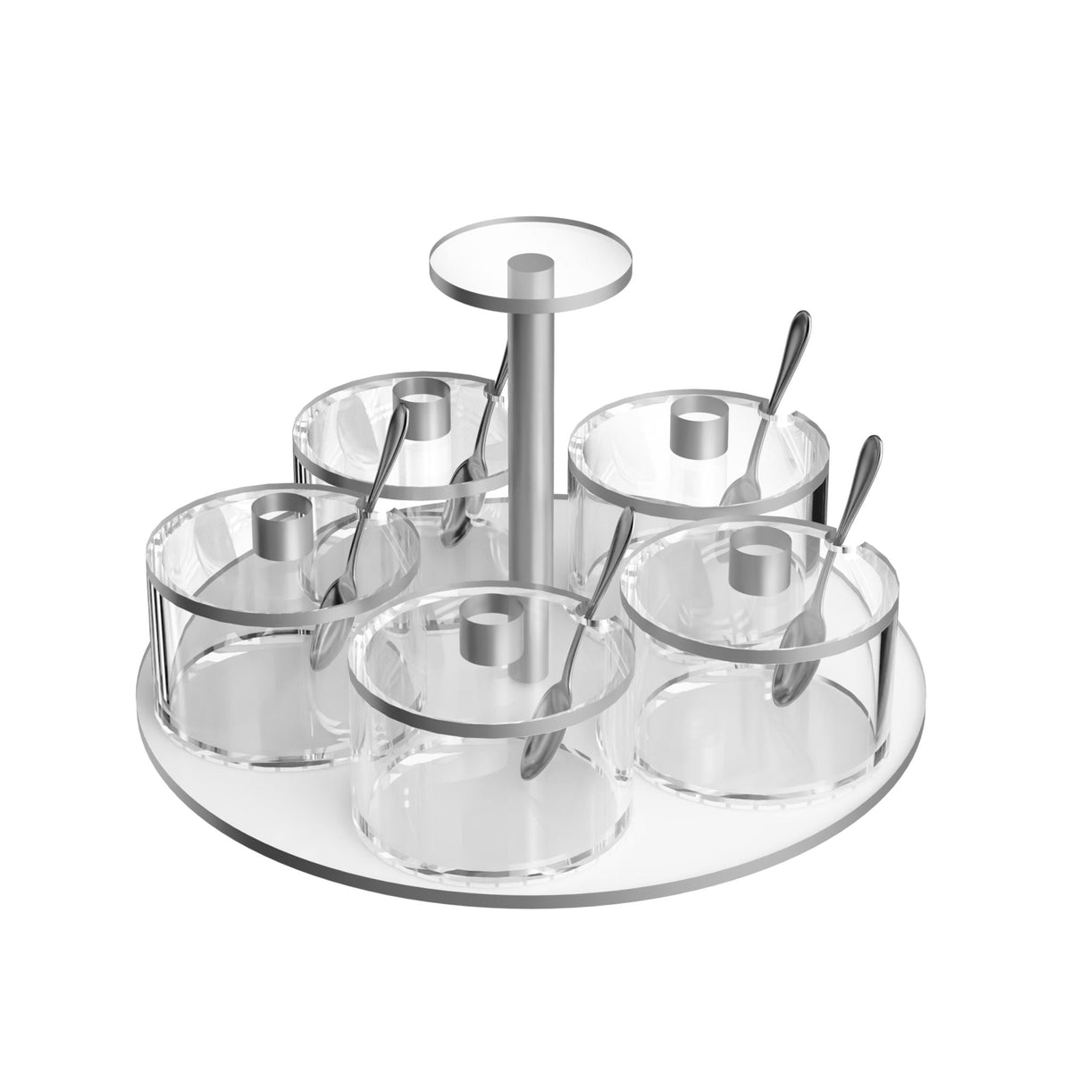 Silver version of the five-dish swivel server with silver lid knobs and spoons