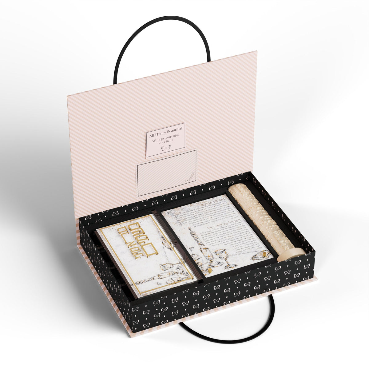 Crystal Flame set packed in its open gift box, candle lying beside the card and besamim holder