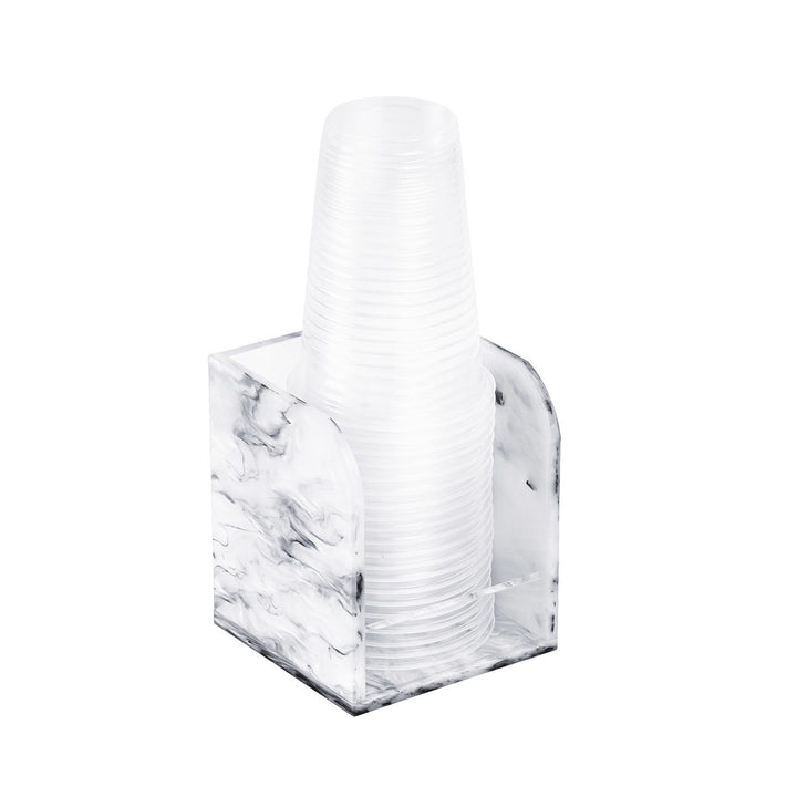 Grey Pearl marbled cup stacker holding a tall stack of clear plastic cups