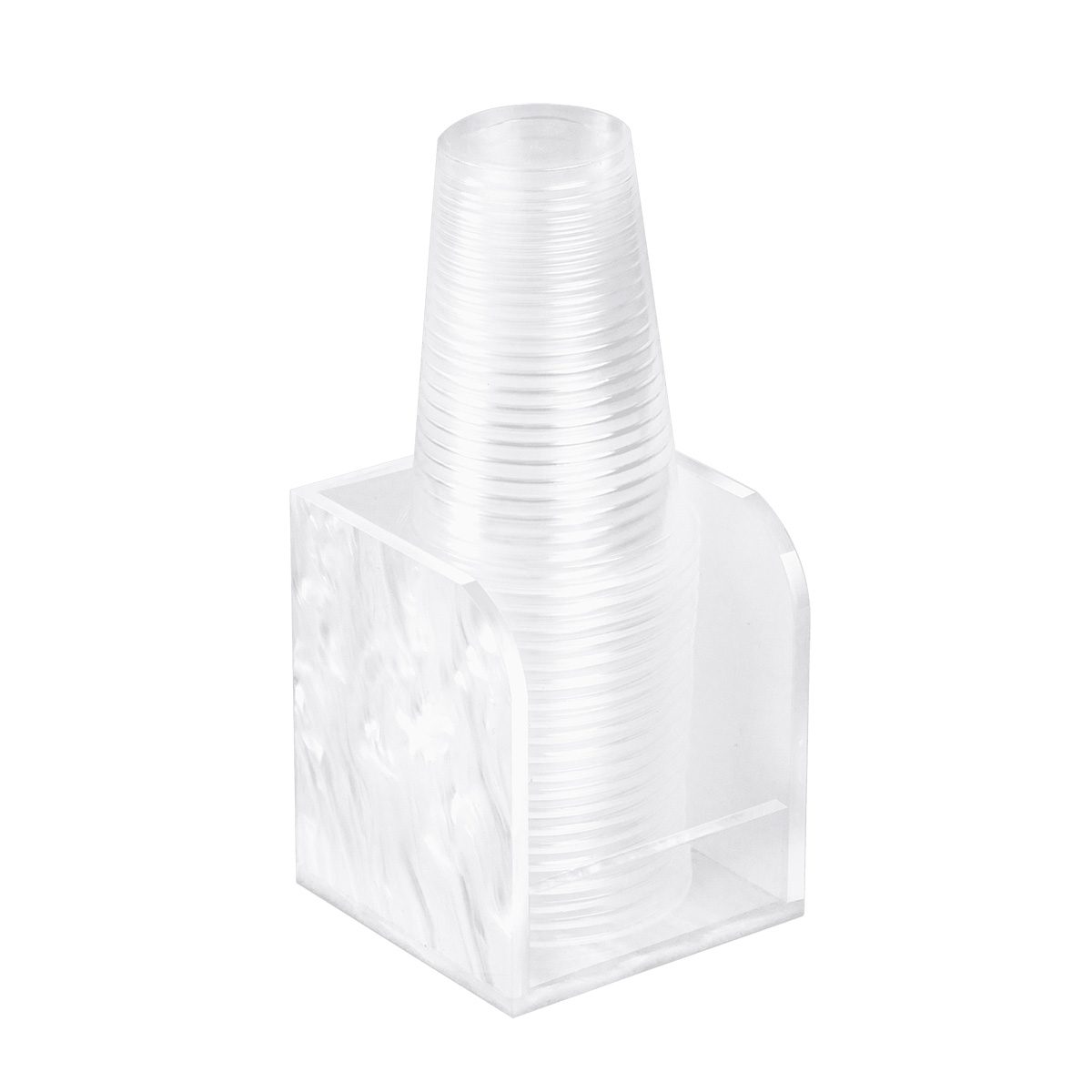 White Pearl finish cup stand with swirled white sides and a stack of clear cups