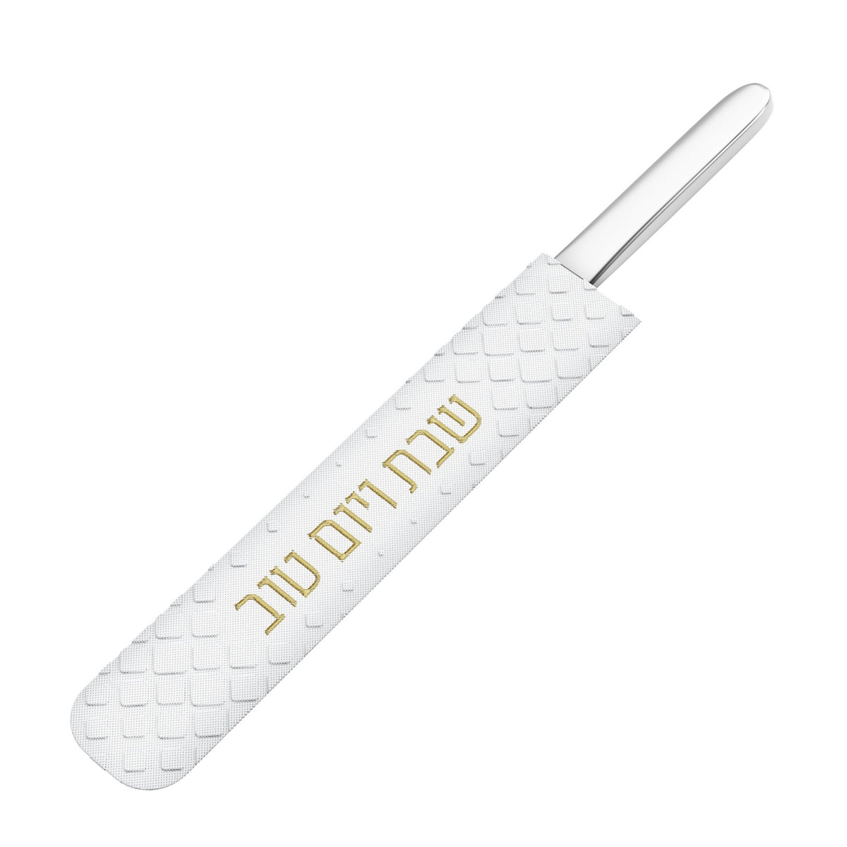 Gold-lettered diamond knife cover sheathing a knife, handle showing at the top