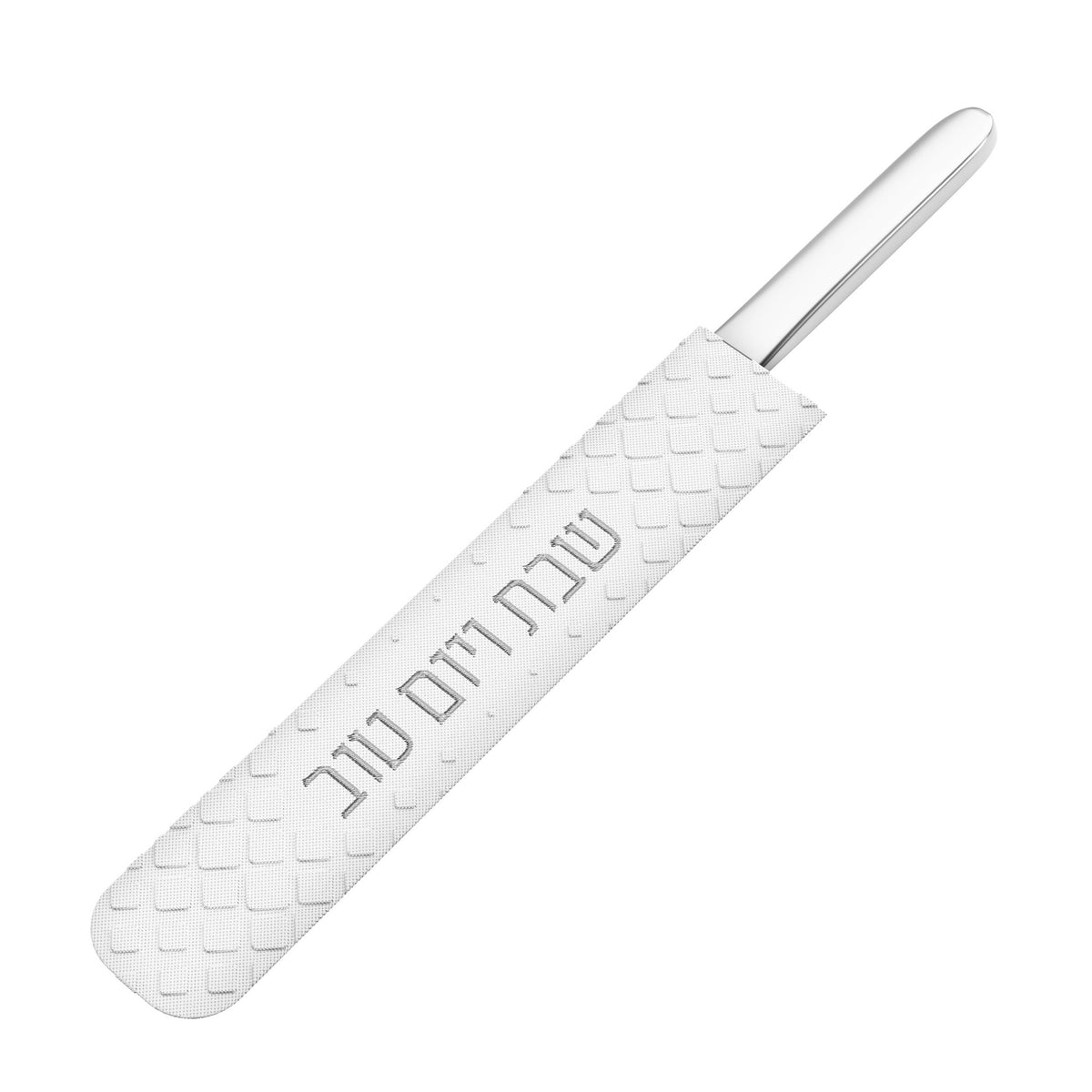 Silver-lettered diamond knife cover with the knife handle extending from the top