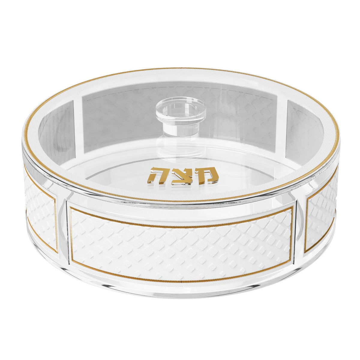 Gold version of the round matzah box with gold trim and gold מצה lettering