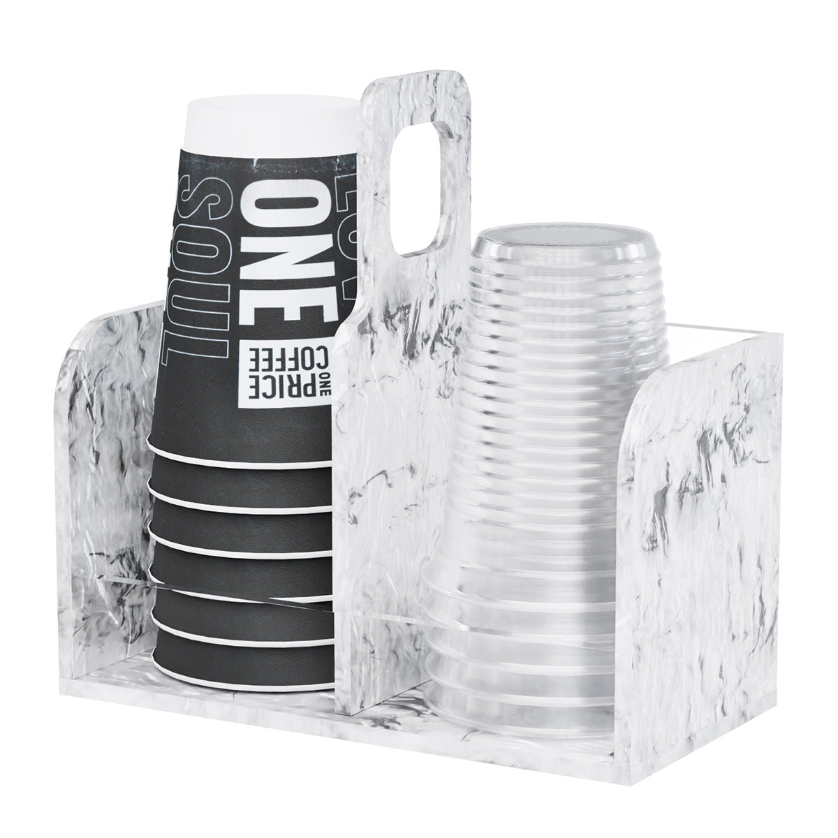Grey Pearl cup stacker with marbled panels and center handle, two cup stacks inside
