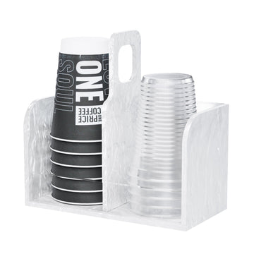 Double cup stacker in White Pearl holding a stack of paper cups and a stack of clear cups