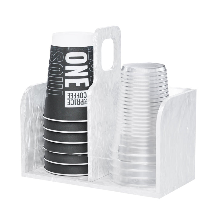Double cup stacker in White Pearl holding a stack of paper cups and a stack of clear cups