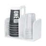 Double cup stacker in White Pearl holding a stack of paper cups and a stack of clear cups