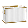 Gold Edged towel box, clear with gold frame edges and lid handle, filled with eight white towels