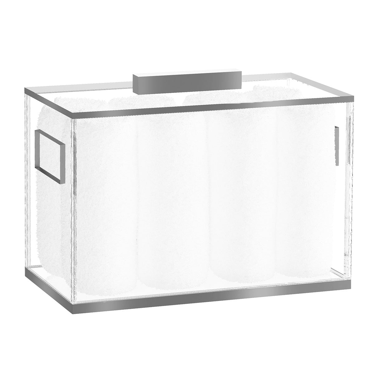 Silver version of the Edged towel box with silver edges and lid handle