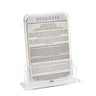 Silver-header acrylic bencher cards standing in a clear acrylic holder, front view