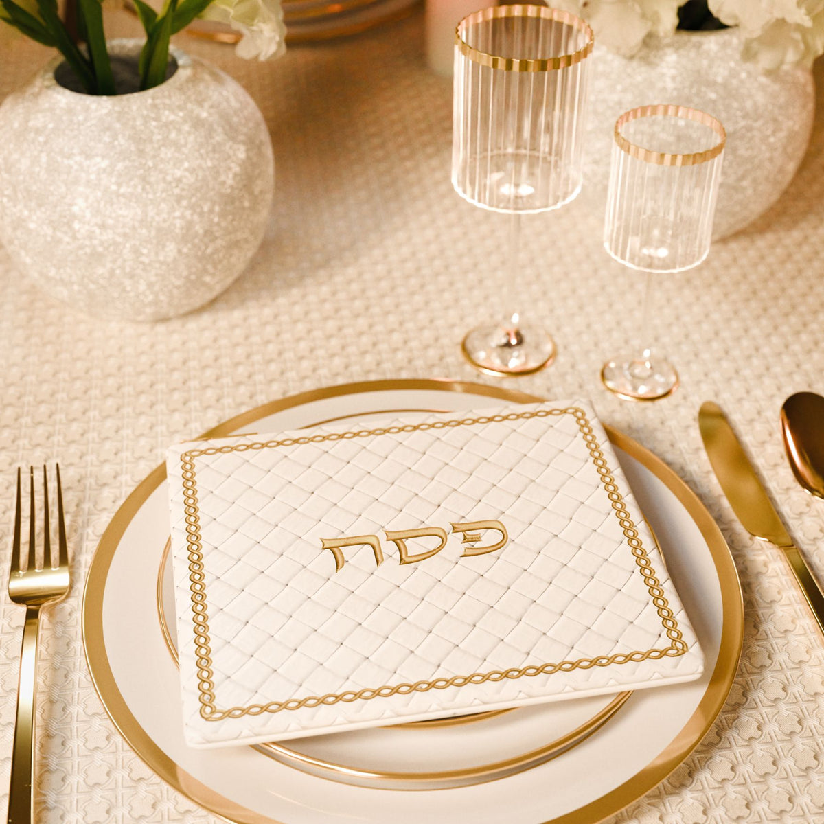 Gebrokts Matzah Pouches, matzah pouch on a Seder place setting