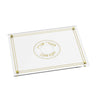 Gold Gilded Radiance challah board, white leather with gold round Shabbos medallion and border