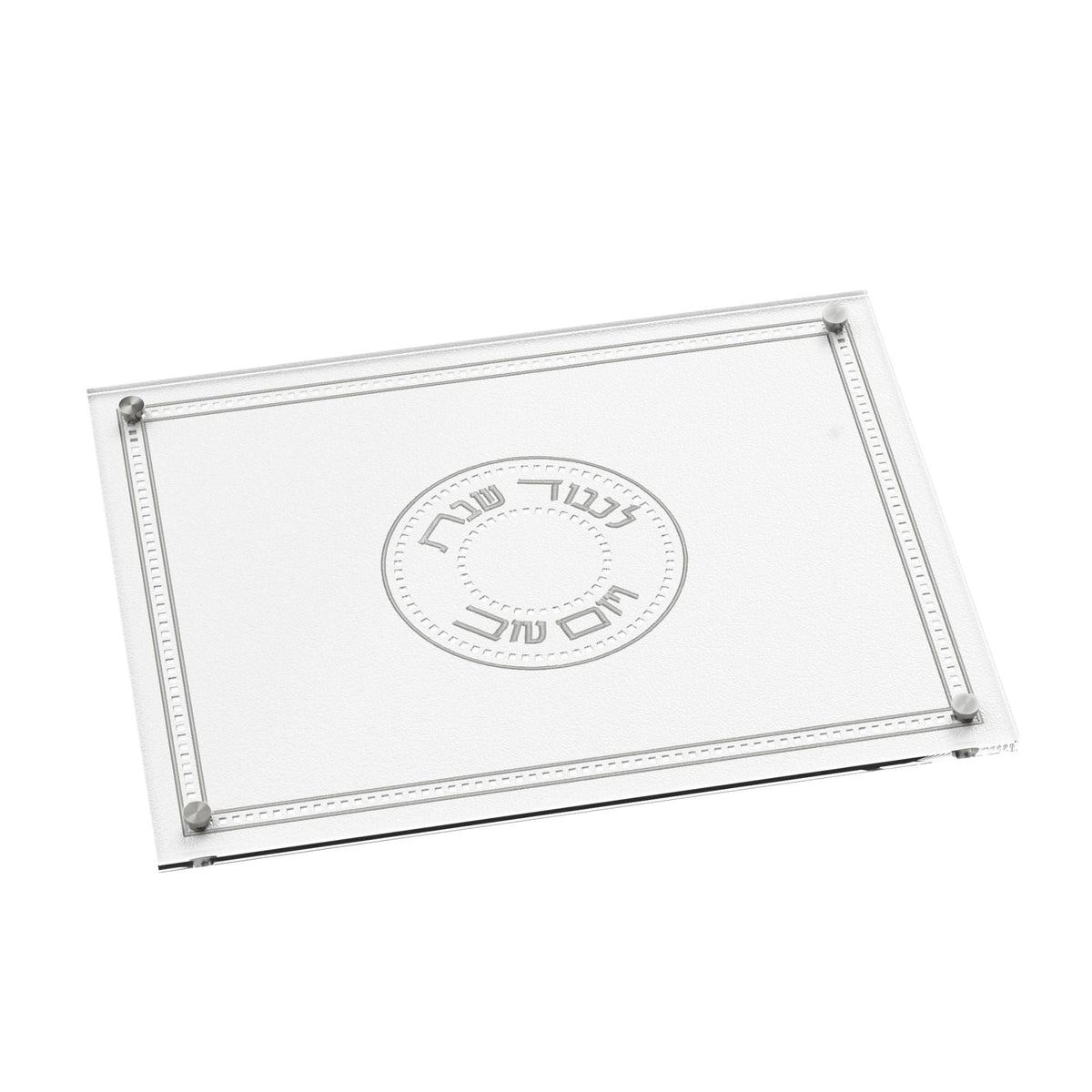 Silver finish board with silver medallion and dotted border on white leather