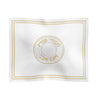 White challah cover with gold embroidered lettering and double gold border
