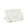 Gilded Radiance foldable shtender in gold, white leatherite panel with an embroidered ring of Hebrew text