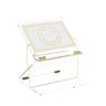 Gilded Radiance two-tier shtender in gold, clear lucite frame with a circular Hebrew lettering panel