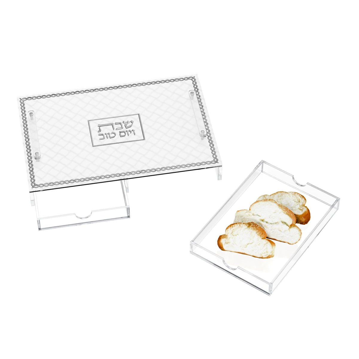 Glass and leather challah board with lucite drawer