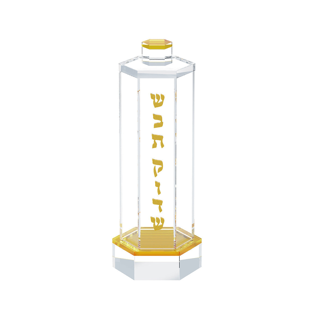 Gold version of the hexagonal match holder with gold lid and base, shown empty