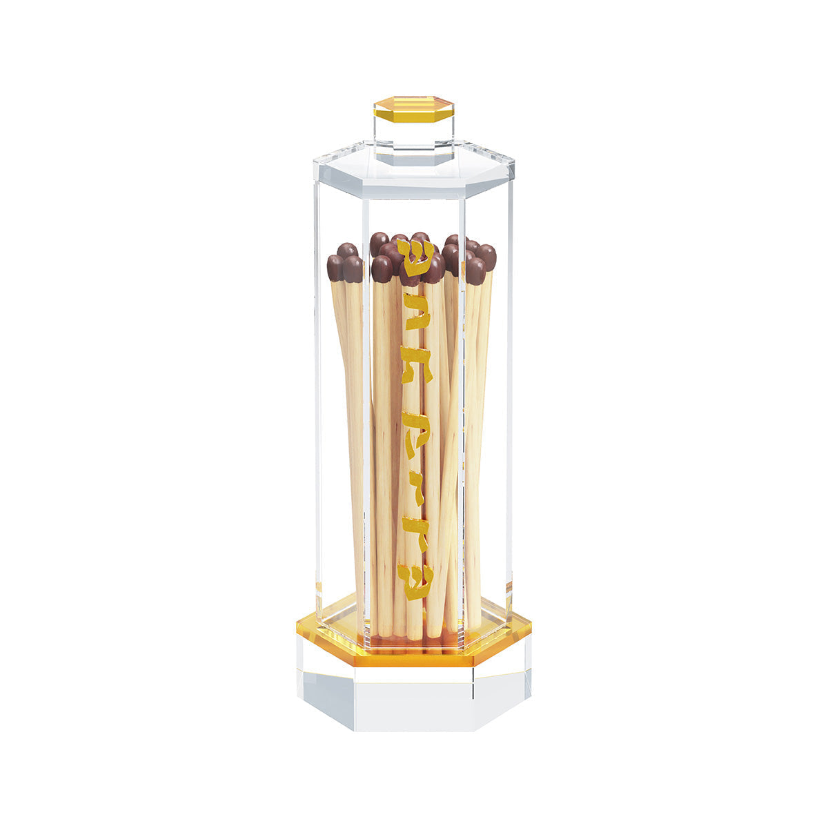 Gold match holder filled with long matches behind the gold Shabbos Kodesh lettering