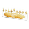 Gold Stone menorah, clear acrylic with a gold brushstroke band and L'hadlik Ner Shel Chanukah, lit