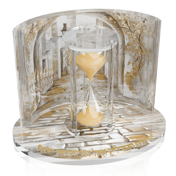 Golden Arch sand timer: hourglass with gold sand inside a curved painted archway on a round base