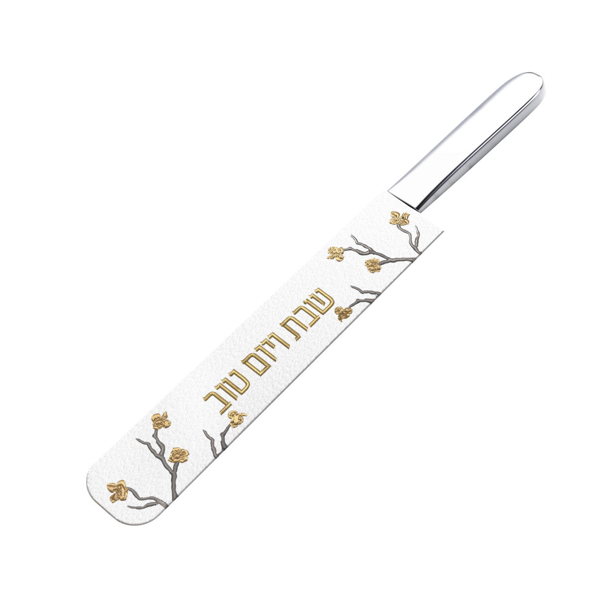 Knife cover slipped over a silver challah knife, handle showing, blade fully covered