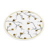 Round white Golden Branch leather charger with gray branches, gold blossoms and a gold border