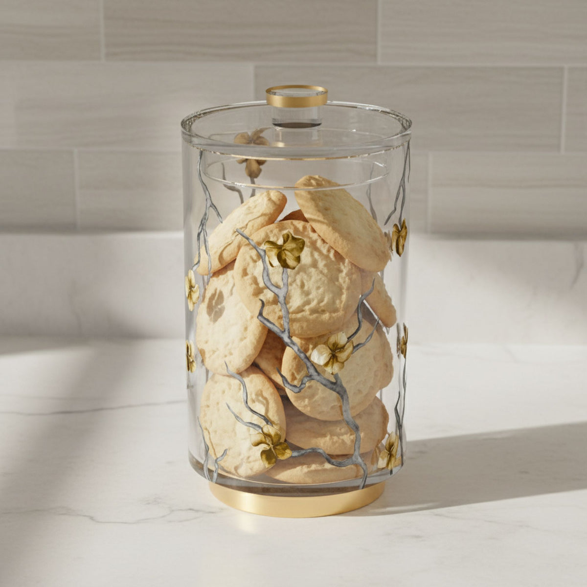 Cookie jar filled with cookies on a marble kitchen counter, magnetic lid closed