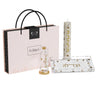 Golden Branch Havdalah set: gold-lettered candle, clear tray, branch besamim holder and pink gift bag