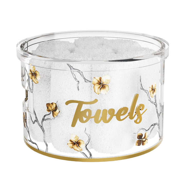 English edition towel box with gold Towels script and blossom branches, rolled towels inside