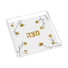 Golden Branch square matzah plate with gold Matzah lettering and blossom branches, clear raised rim