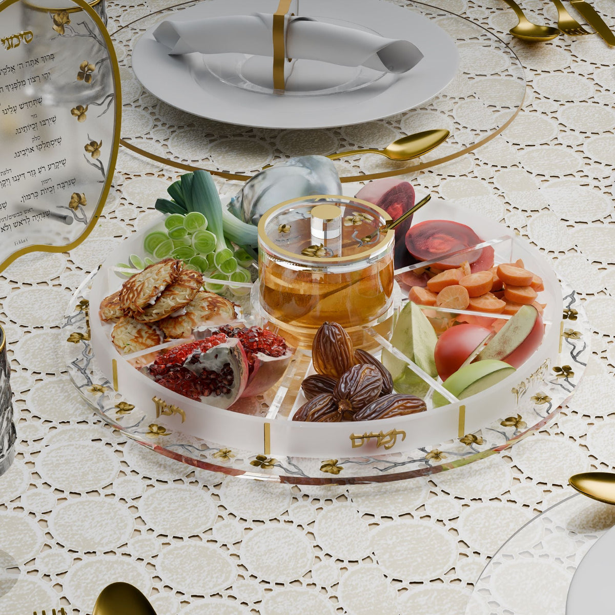 Simanim tray filled with dates, pomegranate, apples, carrots and fish on a lace Rosh Hashanah table