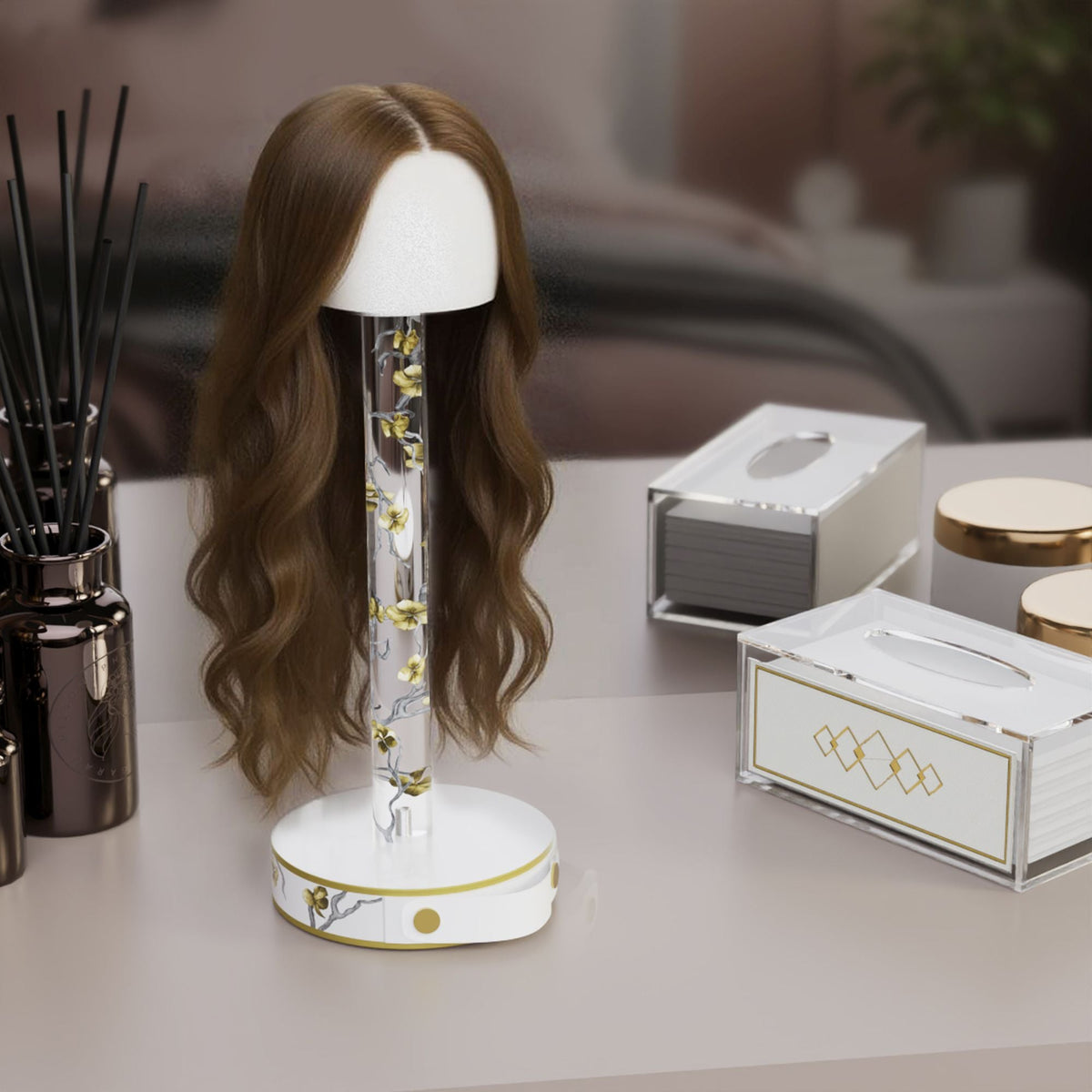 Wig head holding a long brown wig on a vanity beside tissue boxes and diffuser